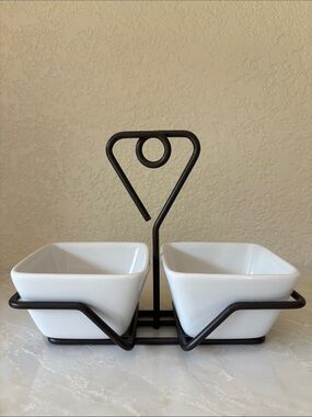 The Pampered Chef White Ceramic Double Server with Black Metal Frame